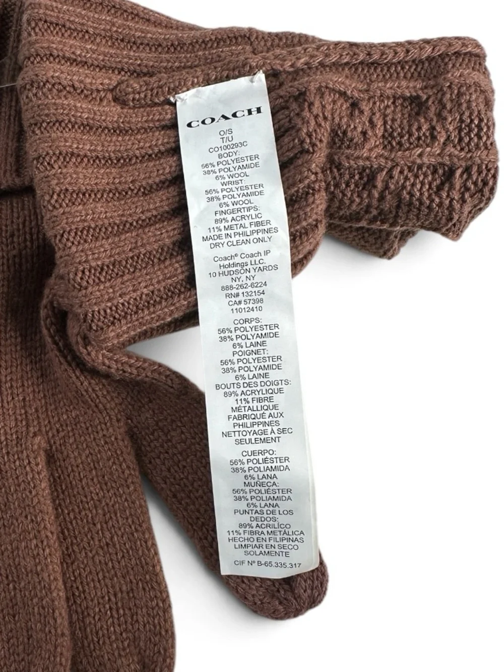 Coach Heather Brown Cable Knit Wool Blend Ribbed Cuff Touchscreen Gloves NWT